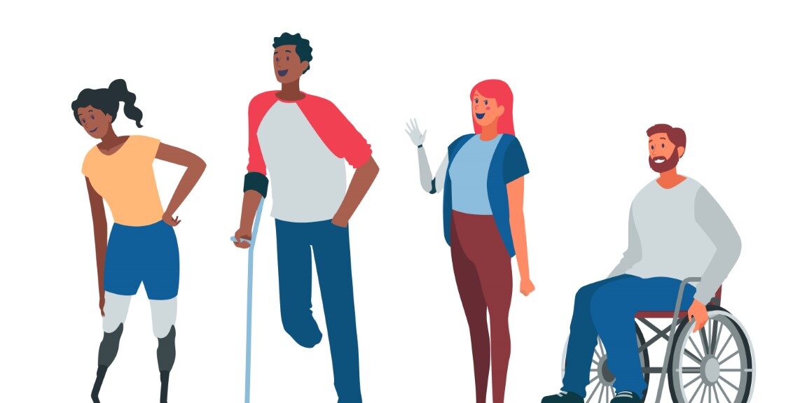 dibujo varias personas con diferentes tipos de discapacidad