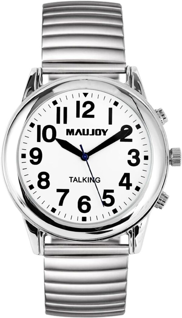 Reloj MAUJOY Parlante para ciegos Pulso metálico, adultos mayores y baja visión, números en alto contraste + dice la hora en voz alta