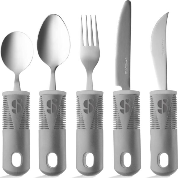 Kit 5 utensilios cuchara tenedor cuchillo adulto mayor, discapacidad, Parkinson,mango grueso, correa fácil agarre