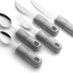 Kit 5 utensilios cuchara tenedor cuchillo adulto mayor, discapacidad, Parkinson,mango grueso, correa fácil agarre